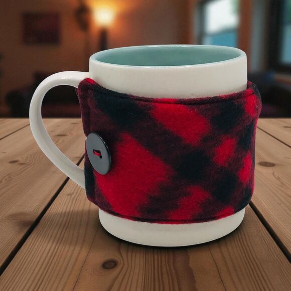Handmade Mug Cozy, Plaid Fleece Red Black, Hot Beverage Cozy, Stocking Stuffer - Picture 2 of 6